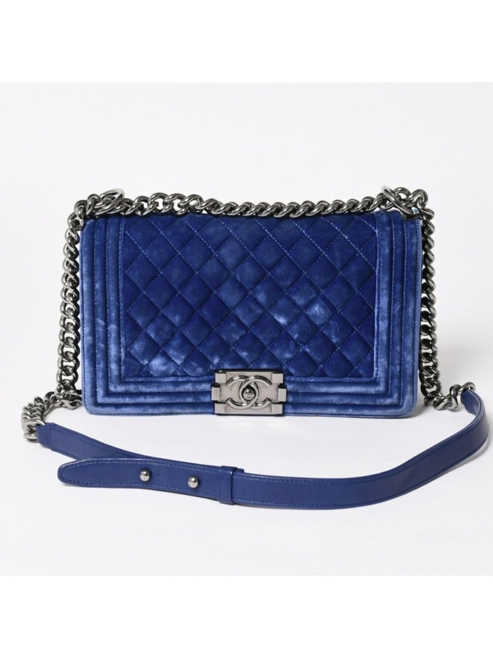 Chanel Boy Chain Shoulder Bag CC Logo Velvet Leather Blue